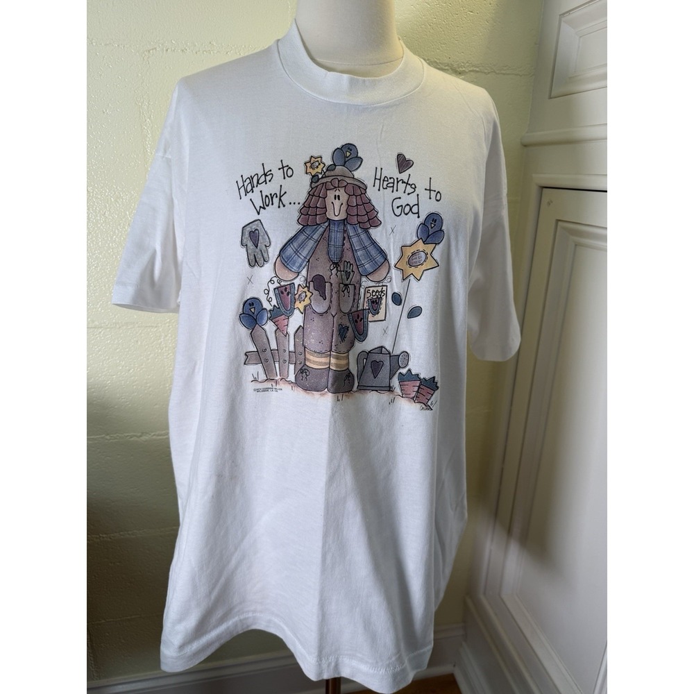 1995 Fruit of the Loom T Shirt XL Single Stitch USA‎ Hands to Work Hearts To God